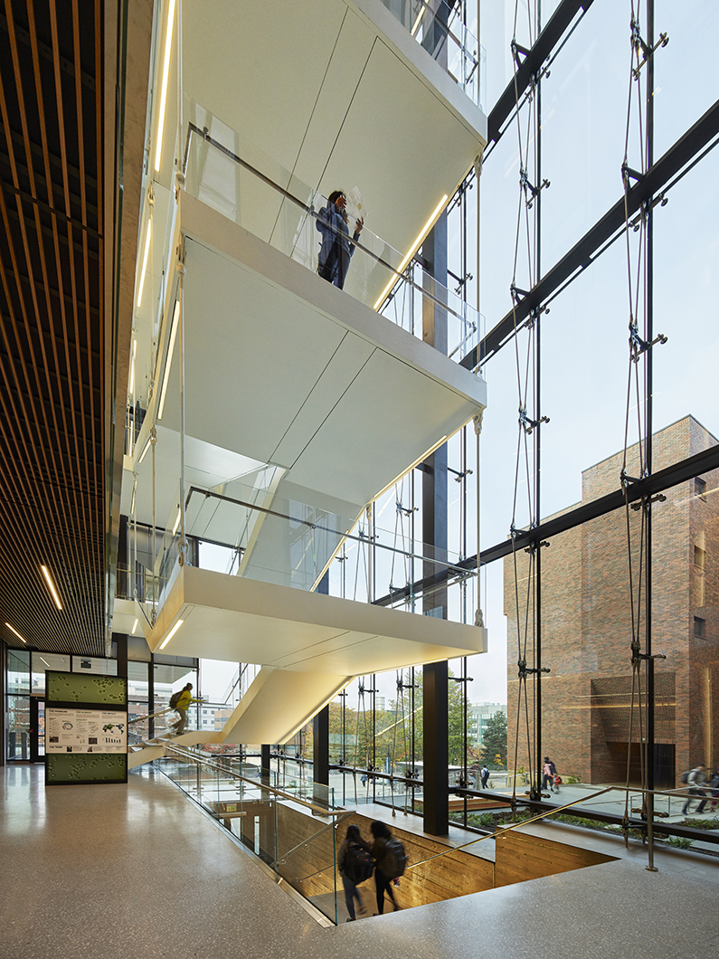 Looking up at the first 4 floors of the main stair in the glass atrium