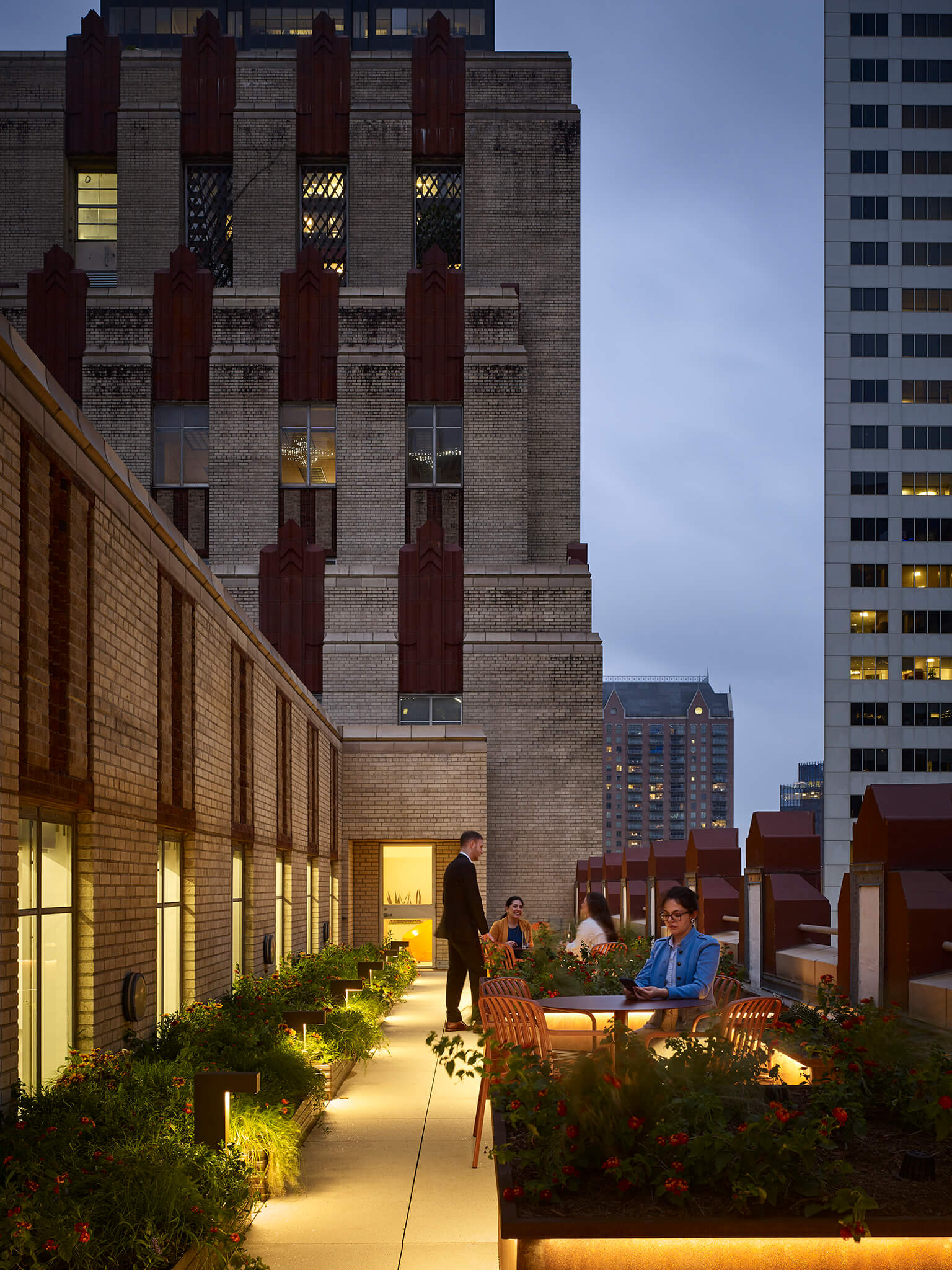 An outdoor terrace at dusk.