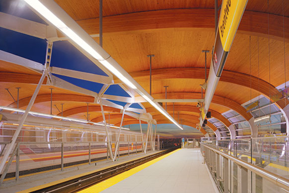 Brentwood station platform showing wood roof.