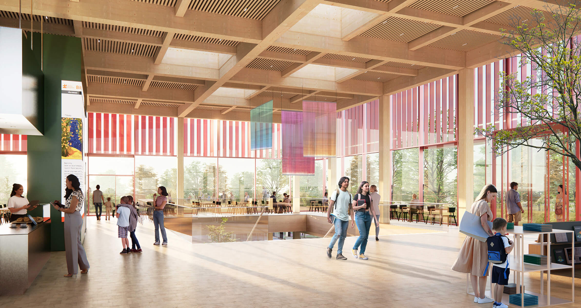 a bright atrium of a library