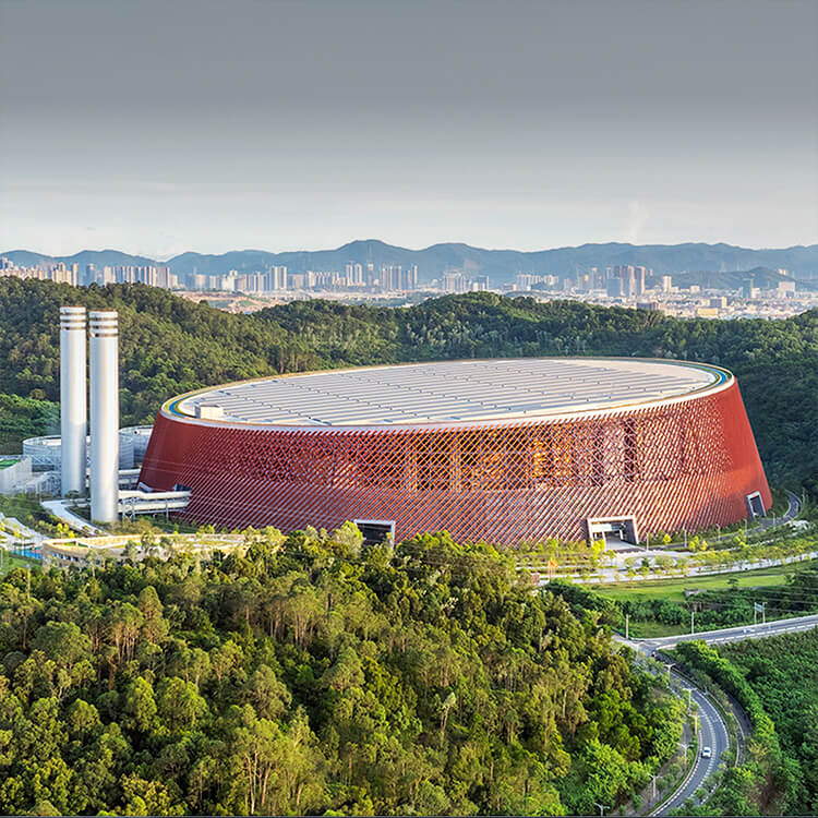 aerial exterior of the energy ring in the mountains above shenzhen