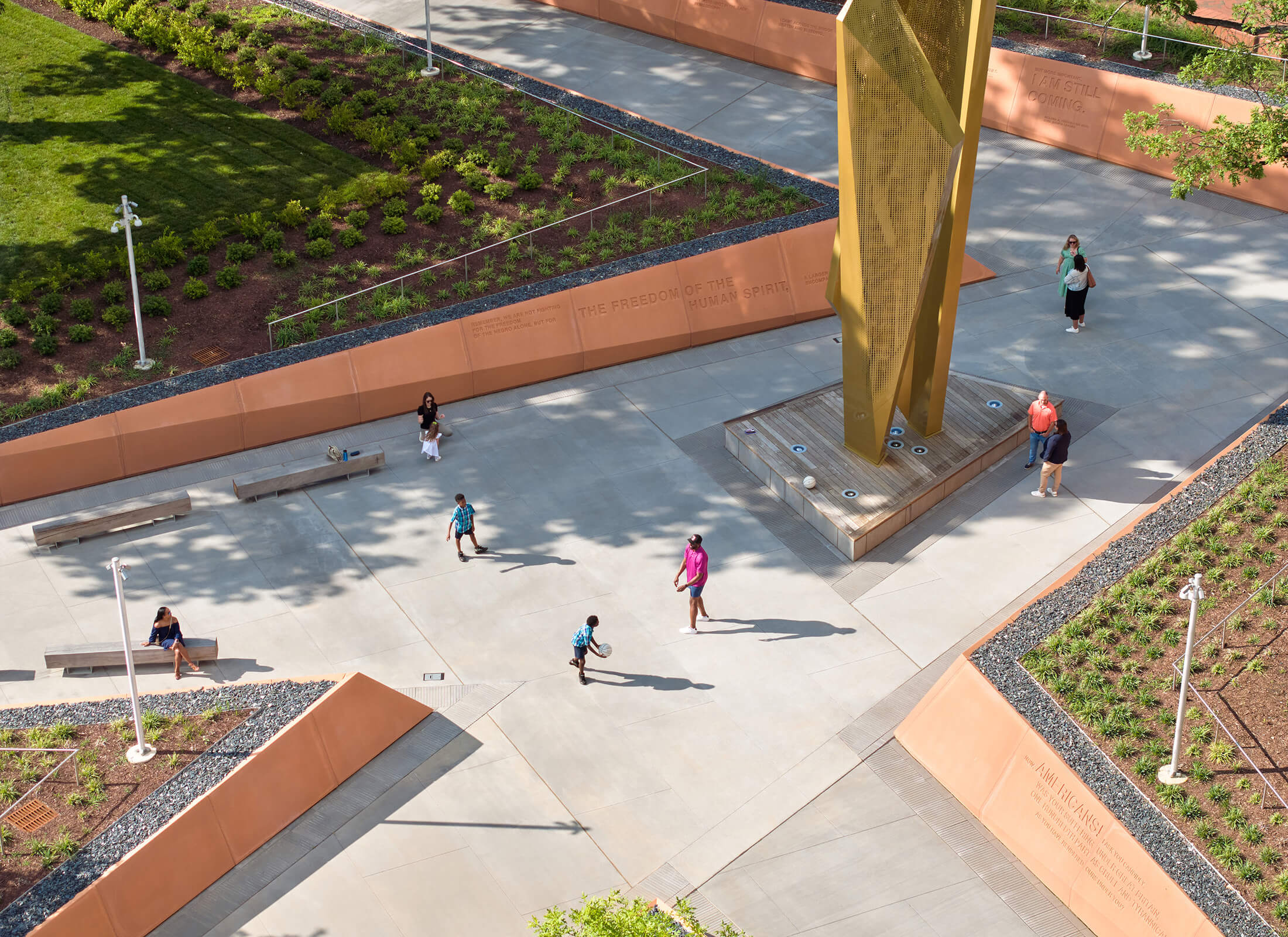 Aerial view of Freedom Park with people walking around.