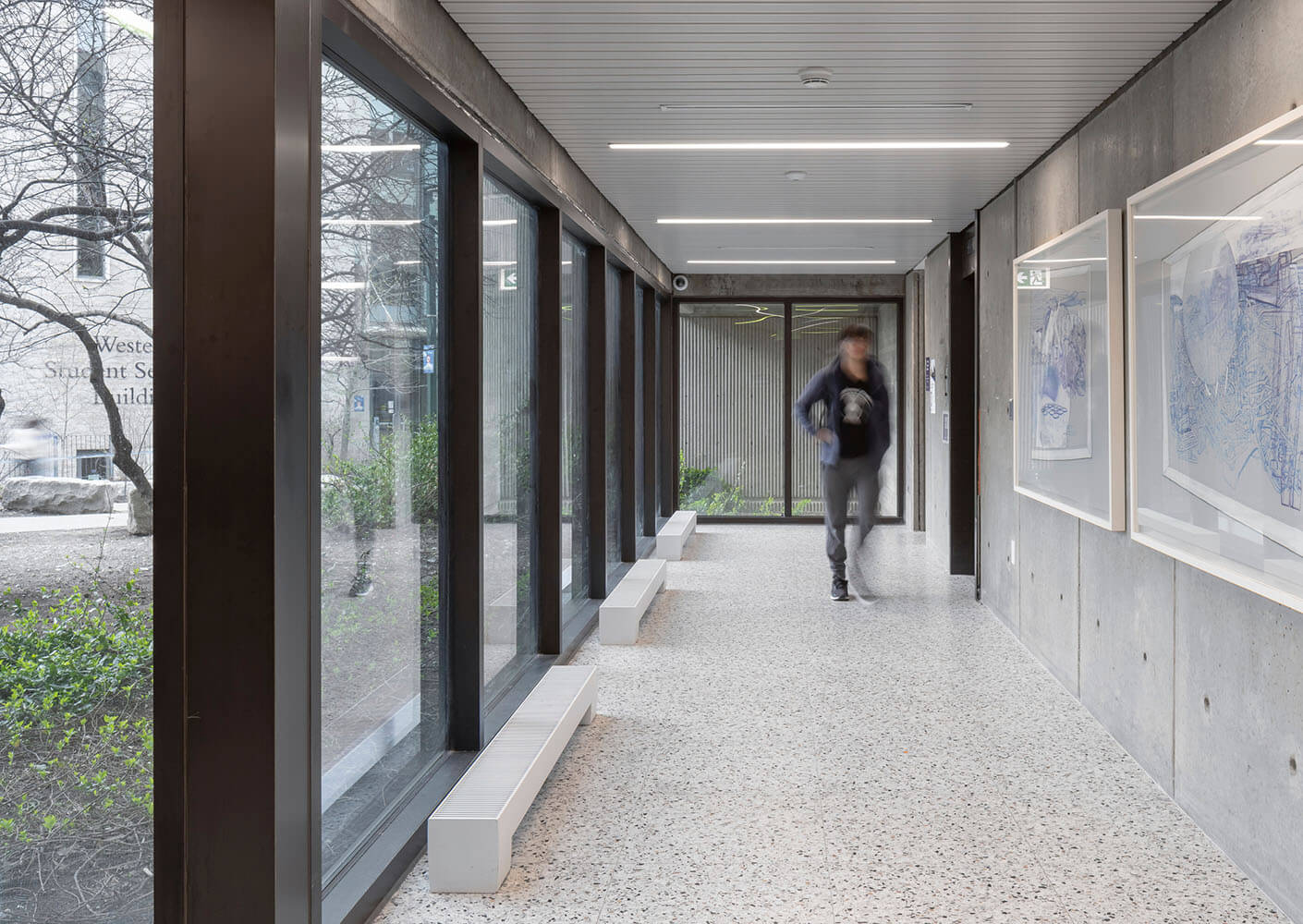 A hallway overlooking an exterior courtyard. Two pieces of art hang on the right-side wall