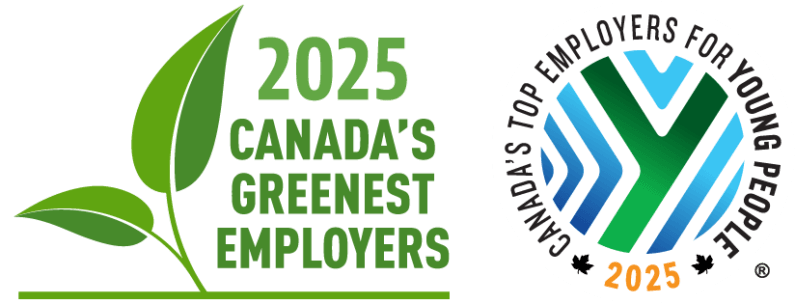 Badges for Canada's Greenest Employers 2025, and Canada's Top Employers for Young People 2025.