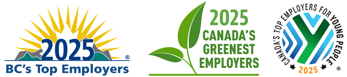 Badges for BC's Top employers 2025, Canada's Greenest Employers 2025, and Canada's Top Employers for Young People 2025.